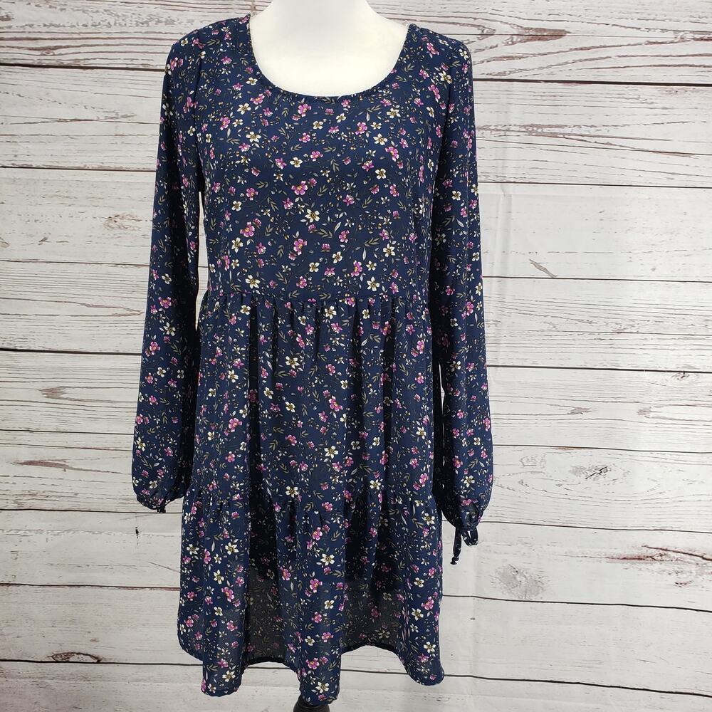 Wild Fable New Blue Floral Bow Tie End Sleeve Tiered Dress Size Small
